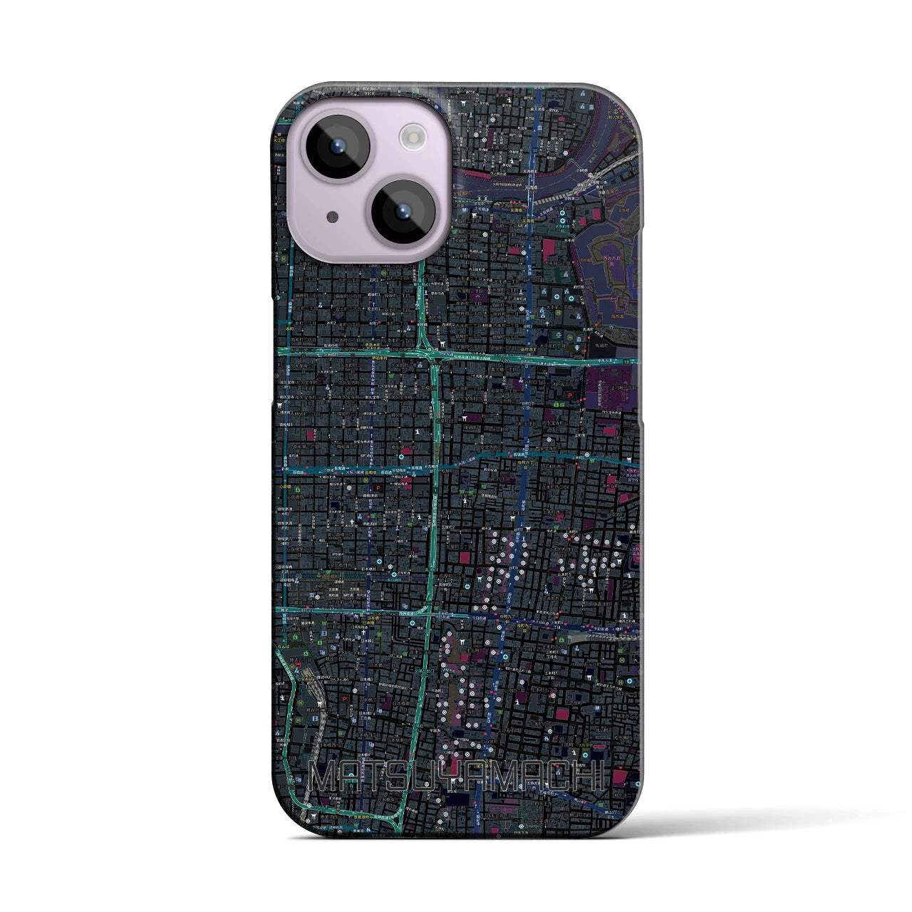 【松屋町】地図柄iPhoneケース（バックカバータイプ・ブラック）iPhone 14 用