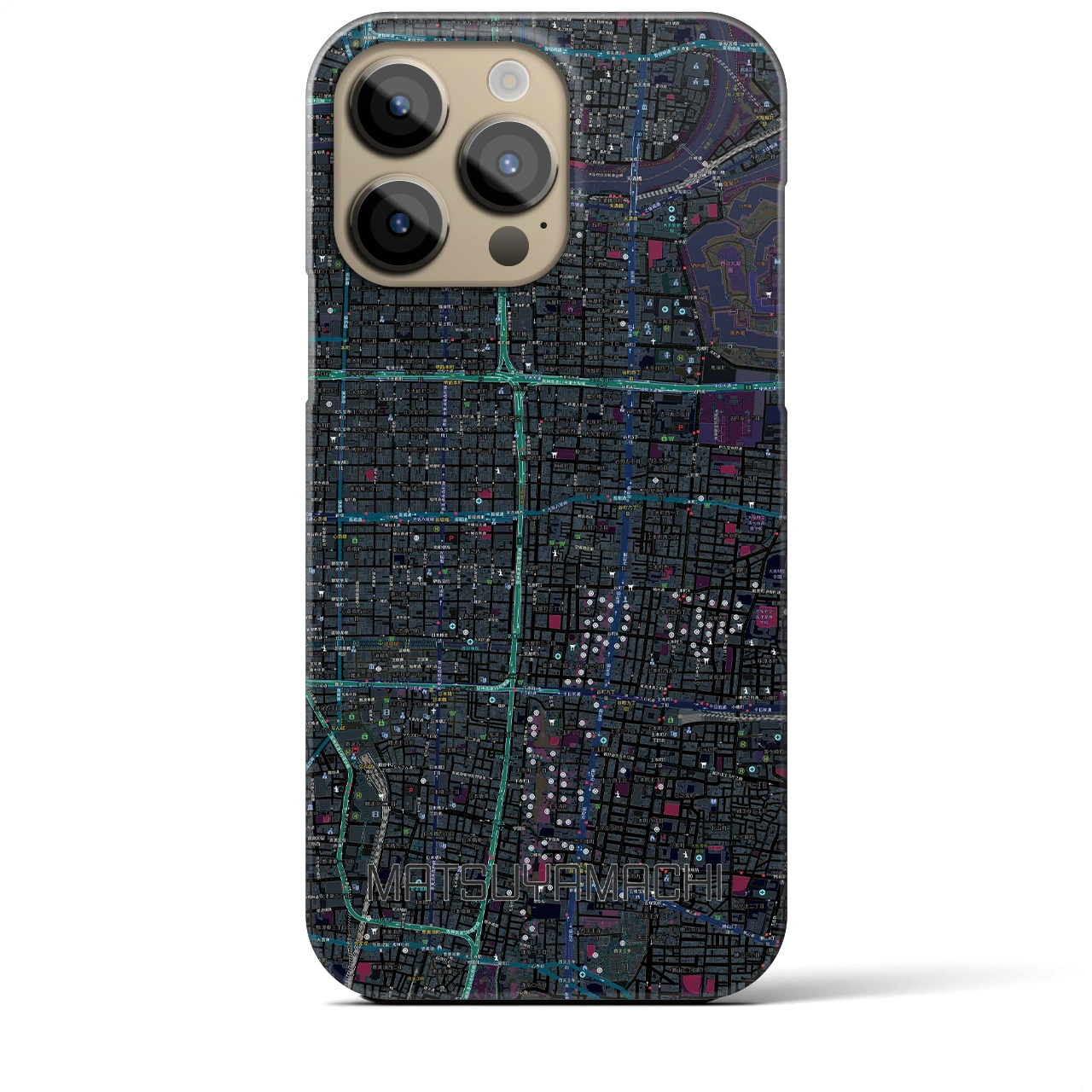 【松屋町】地図柄iPhoneケース（バックカバータイプ・ブラック）iPhone 14 Pro Max 用