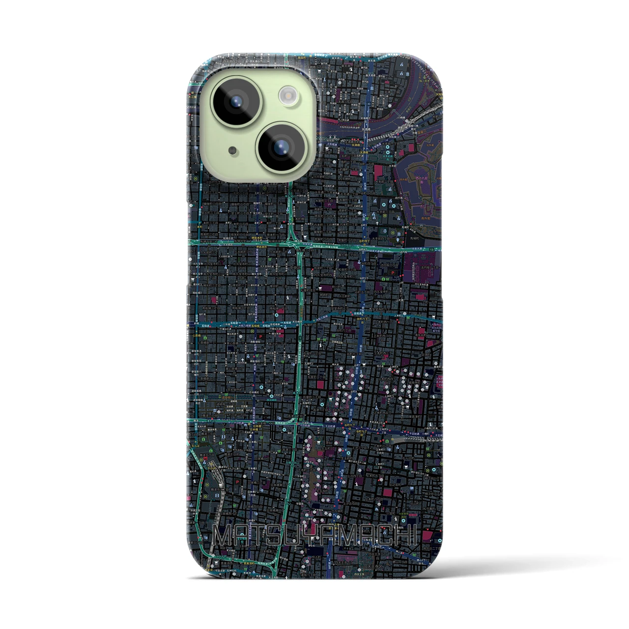 【松屋町】地図柄iPhoneケース（バックカバータイプ・ブラック）iPhone 15 用