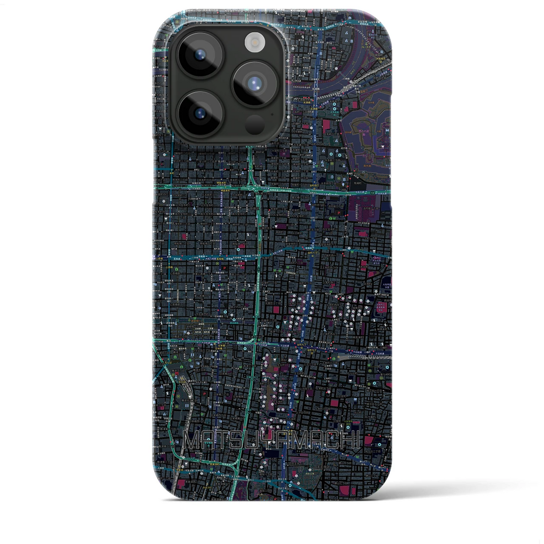 【松屋町】地図柄iPhoneケース（バックカバータイプ・ブラック）iPhone 15 Pro Max 用