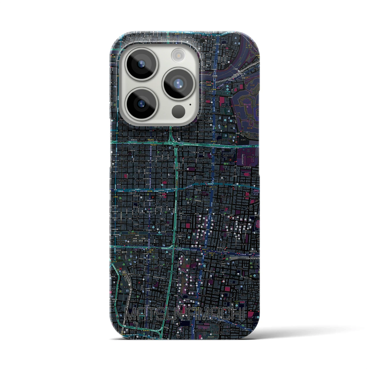 【松屋町】地図柄iPhoneケース（バックカバータイプ・ブラック）iPhone 15 Pro 用