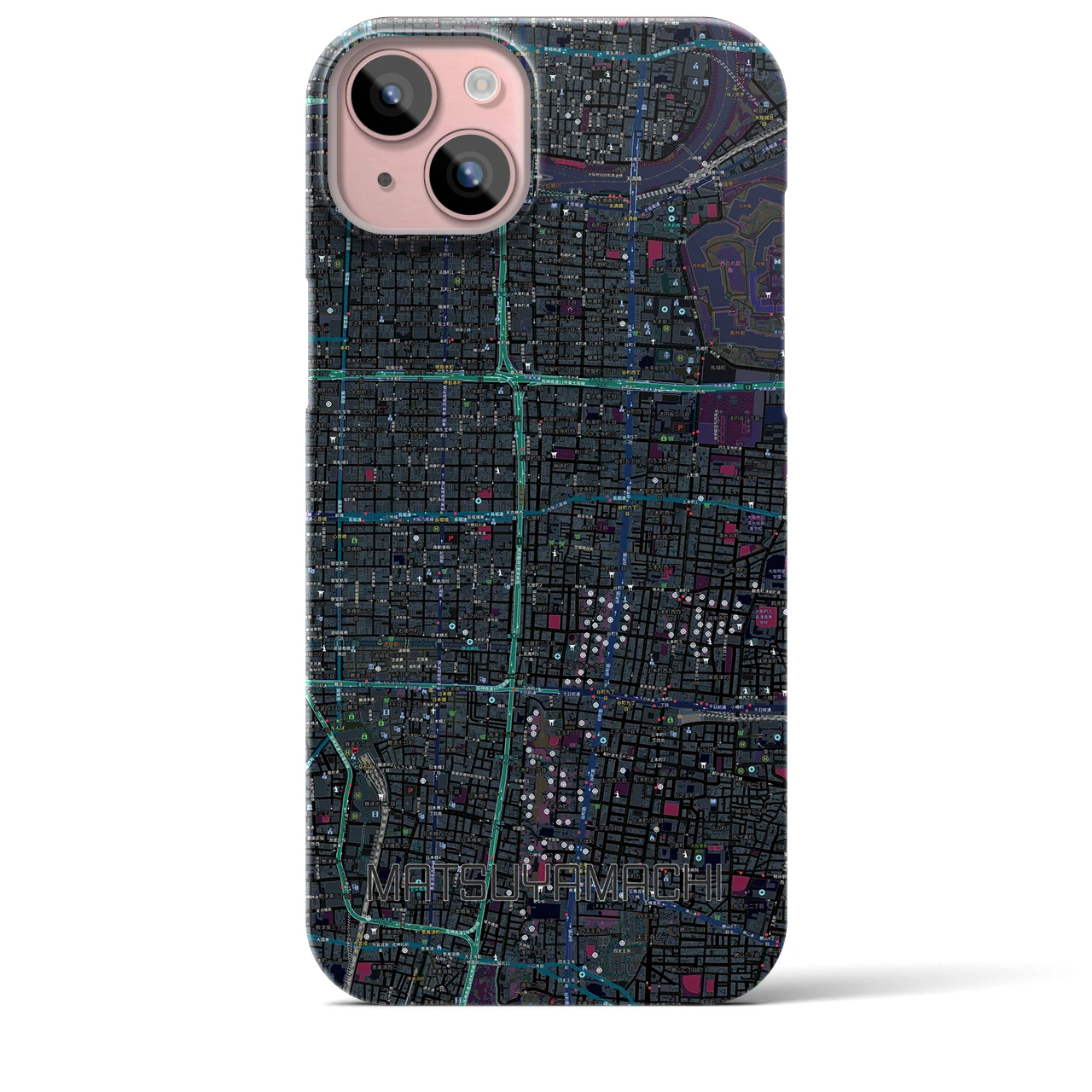 【松屋町】地図柄iPhoneケース（バックカバータイプ・ブラック）iPhone 15 Plus 用