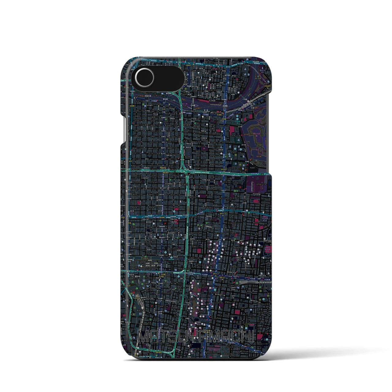 【松屋町】地図柄iPhoneケース（バックカバータイプ・ブラック）iPhone SE（第3 / 第2世代） / 8 / 7 / 6s / 6 用