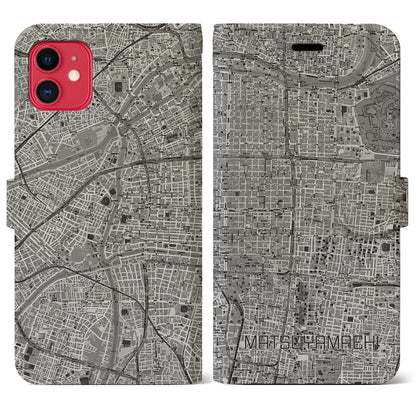 【松屋町（大阪府）】地図柄iPhoneケース（手帳タイプ）モノトーン・iPhone 11 用