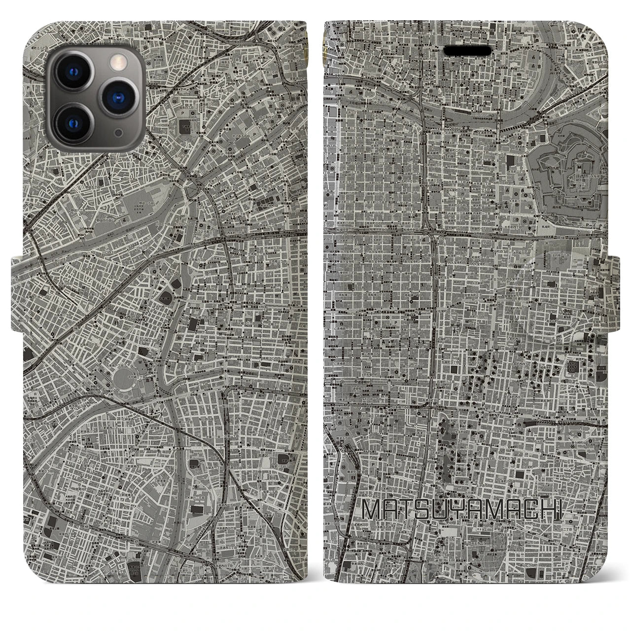 【松屋町】地図柄iPhoneケース（手帳両面タイプ・モノトーン）iPhone 11 Pro Max 用