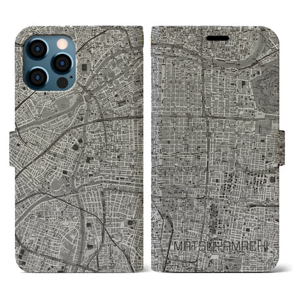 【松屋町（大阪府）】地図柄iPhoneケース（手帳タイプ）モノトーン・iPhone 12 / 12 Pro 用