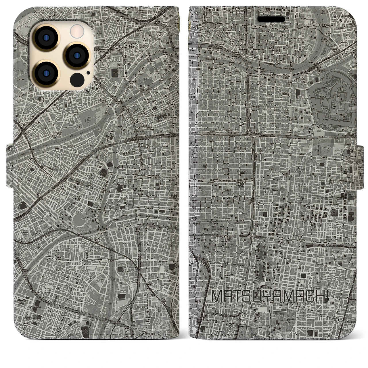 【松屋町】地図柄iPhoneケース（手帳両面タイプ・モノトーン）iPhone 12 Pro Max 用