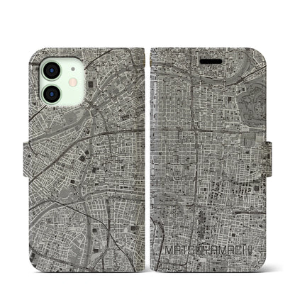 【松屋町（大阪府）】地図柄iPhoneケース（手帳タイプ）モノトーン・iPhone 12 mini 用