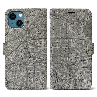 【松屋町（大阪府）】地図柄iPhoneケース（手帳タイプ）モノトーン・iPhone 13 用