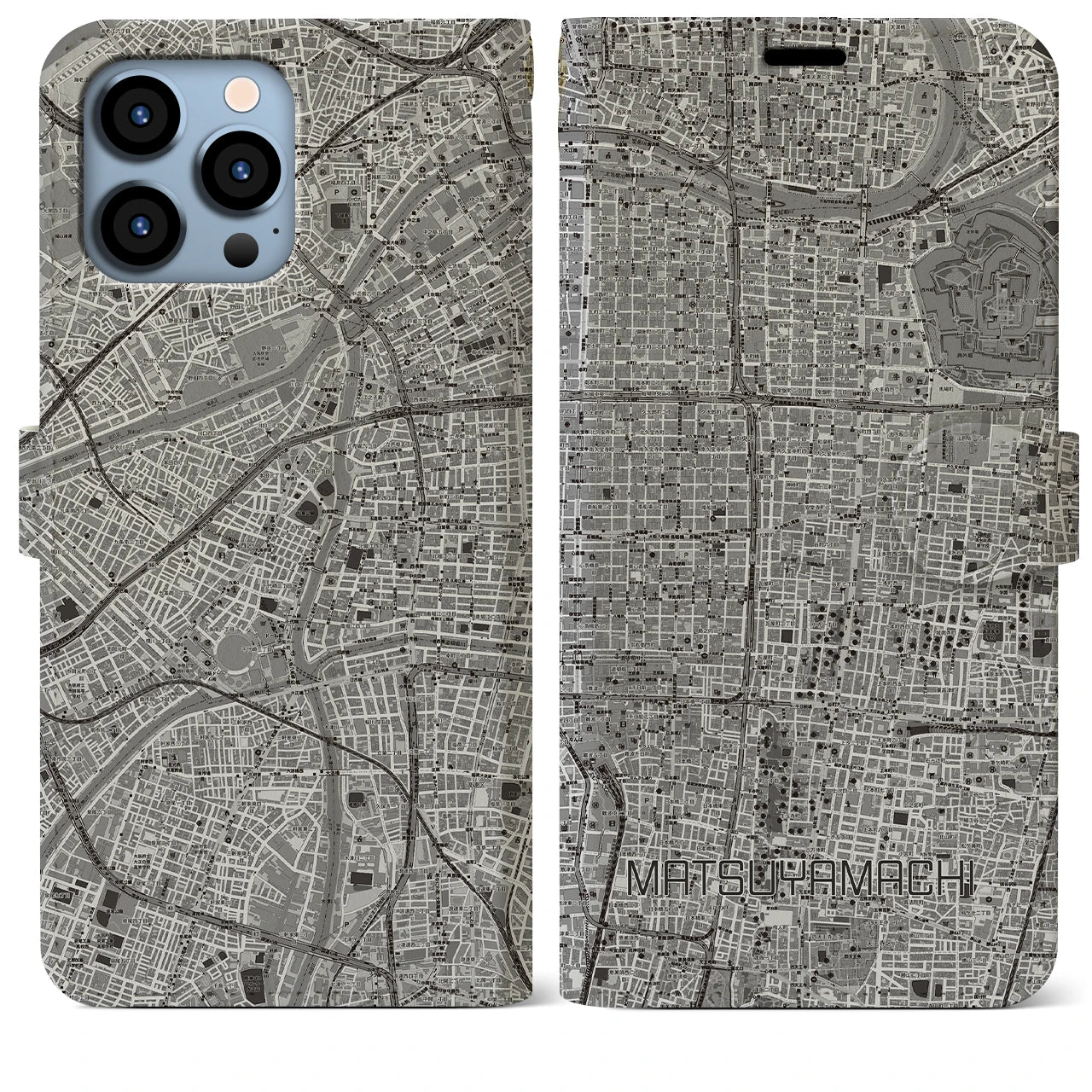 【松屋町】地図柄iPhoneケース（手帳両面タイプ・モノトーン）iPhone 13 Pro Max 用