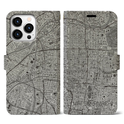 【松屋町（大阪府）】地図柄iPhoneケース（手帳タイプ）モノトーン・iPhone 13 Pro 用