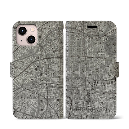 【松屋町（大阪府）】地図柄iPhoneケース（手帳タイプ）モノトーン・iPhone 13 mini 用