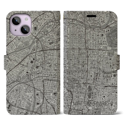 【松屋町（大阪府）】地図柄iPhoneケース（手帳タイプ）モノトーン・iPhone 14 用