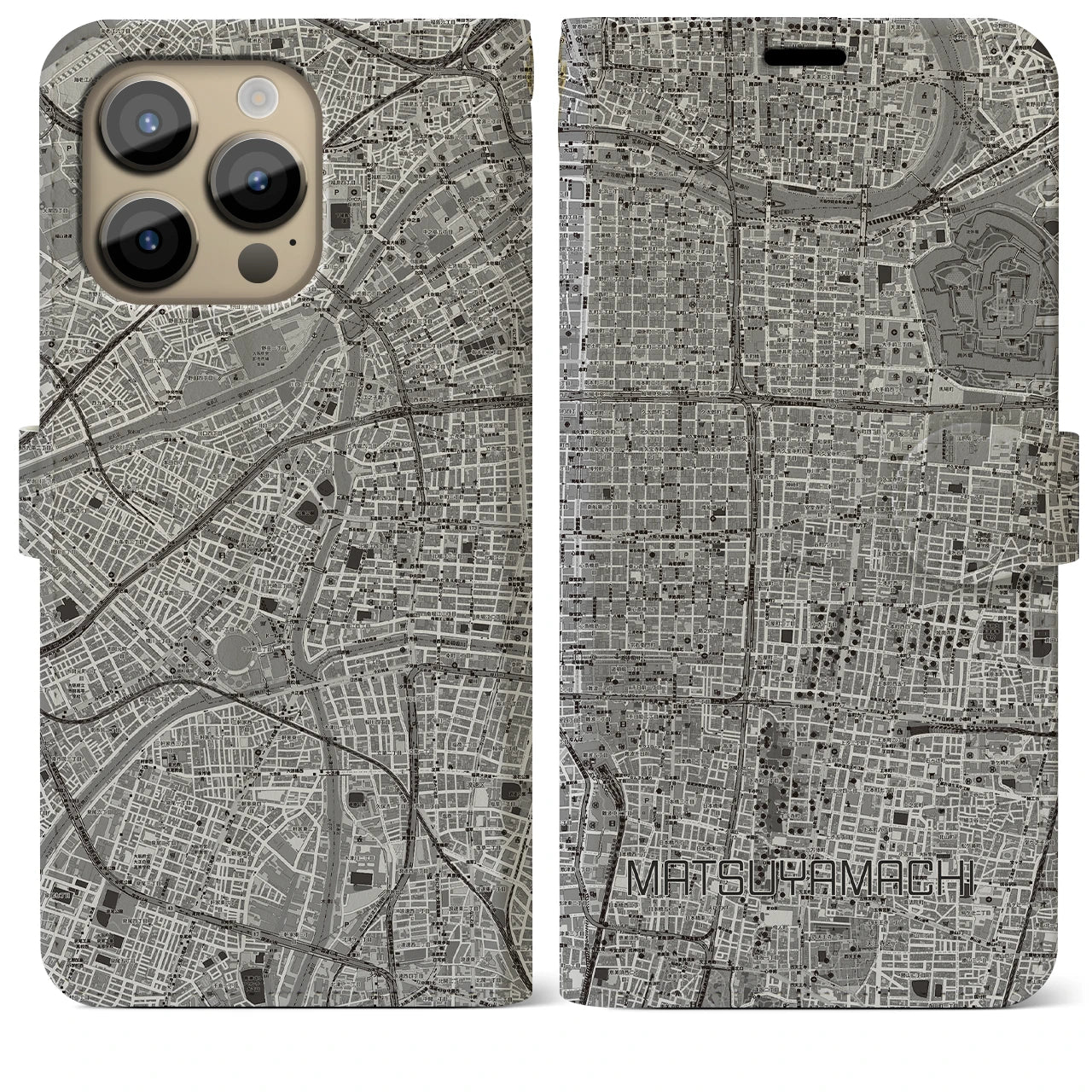 【松屋町】地図柄iPhoneケース（手帳両面タイプ・モノトーン）iPhone 14 Pro Max 用