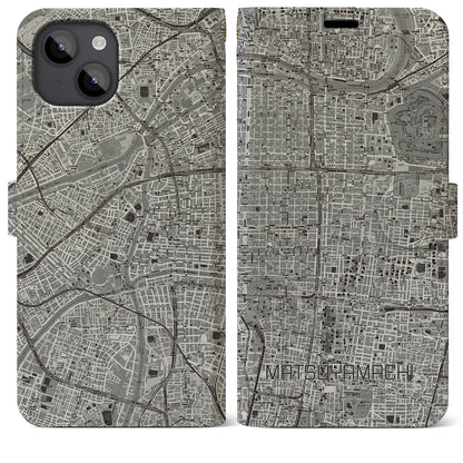 【松屋町（大阪府）】地図柄iPhoneケース（手帳タイプ）モノトーン・iPhone 14 Plus 用