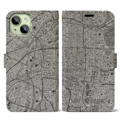 【松屋町（大阪府）】地図柄iPhoneケース（手帳タイプ）モノトーン・iPhone 15 用