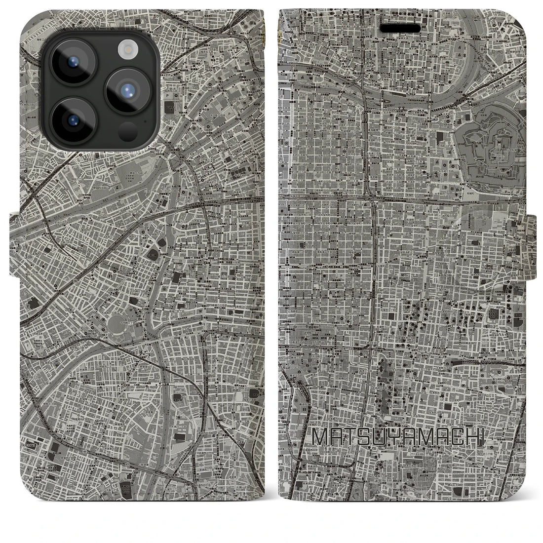 【松屋町】地図柄iPhoneケース（手帳両面タイプ・モノトーン）iPhone 15 Pro Max 用