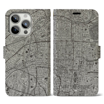 【松屋町（大阪府）】地図柄iPhoneケース（手帳タイプ）モノトーン・iPhone 15 Pro 用