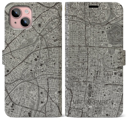 【松屋町（大阪府）】地図柄iPhoneケース（手帳タイプ）モノトーン・iPhone 15 Plus 用