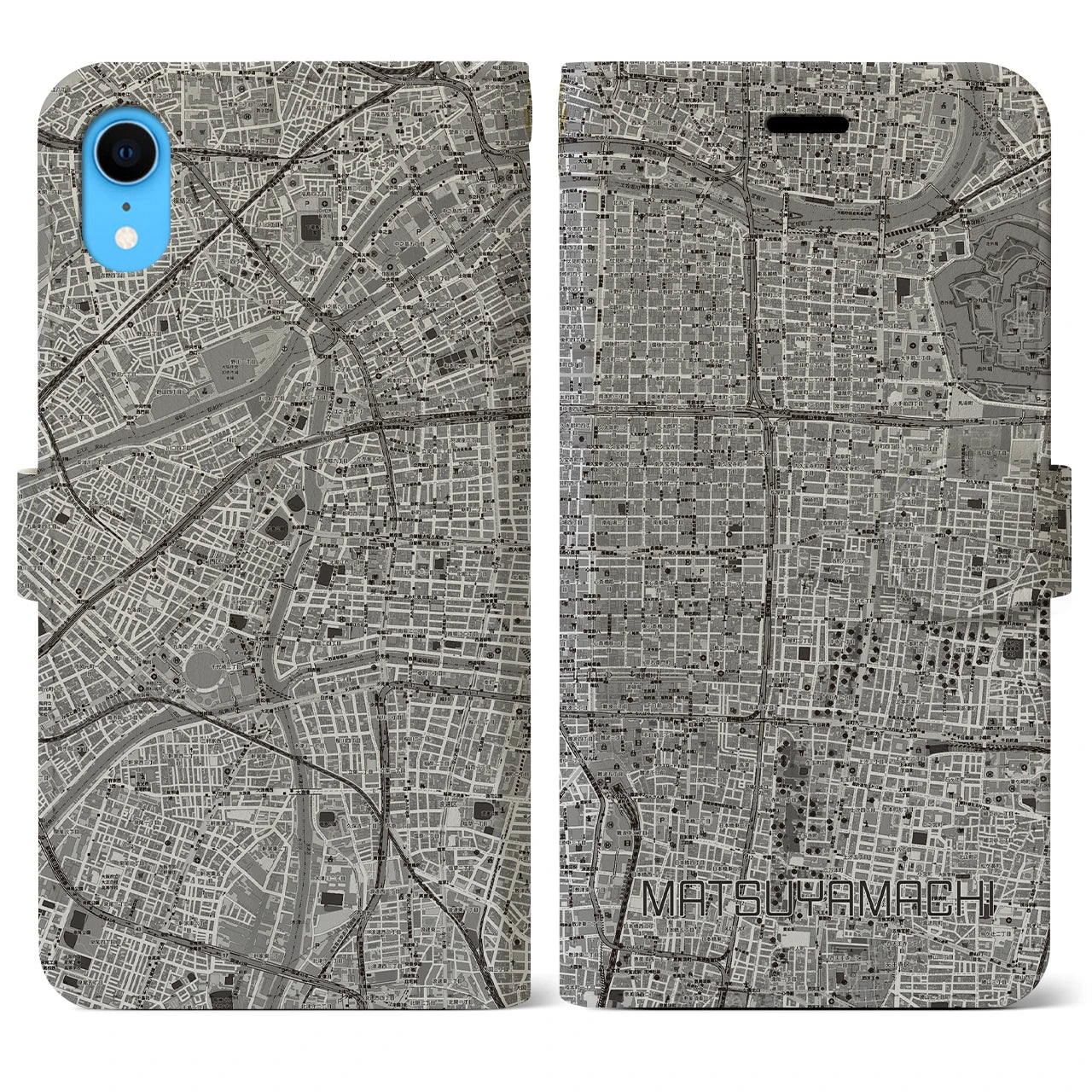 【松屋町】地図柄iPhoneケース（手帳両面タイプ・モノトーン）iPhone XR 用