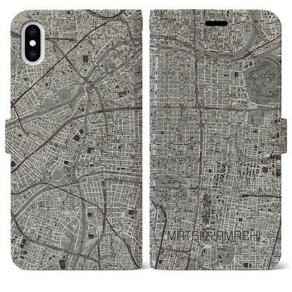 【松屋町（大阪府）】地図柄iPhoneケース（手帳タイプ）モノトーン・iPhone XS Max 用