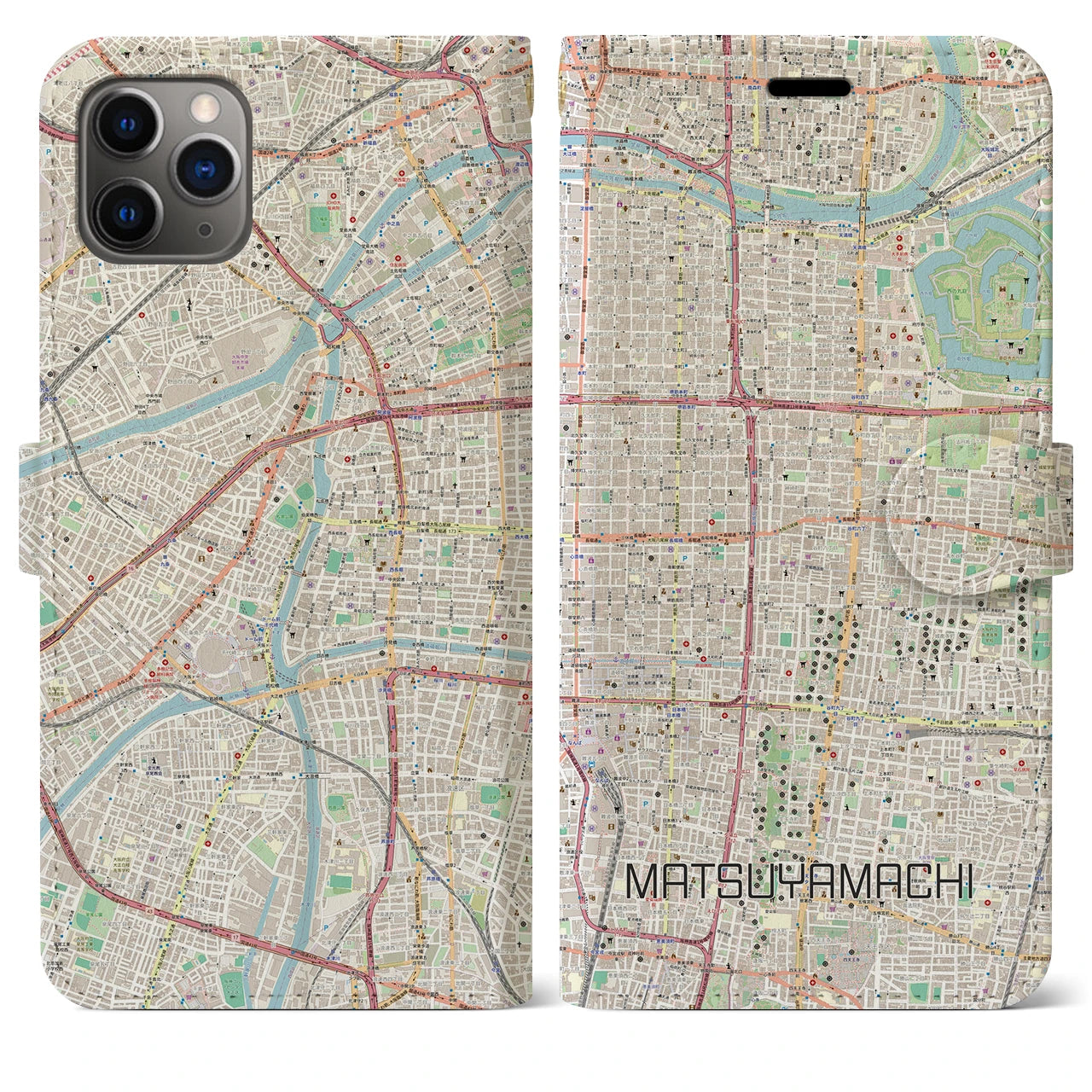 【松屋町】地図柄iPhoneケース（手帳両面タイプ・ナチュラル）iPhone 11 Pro Max 用