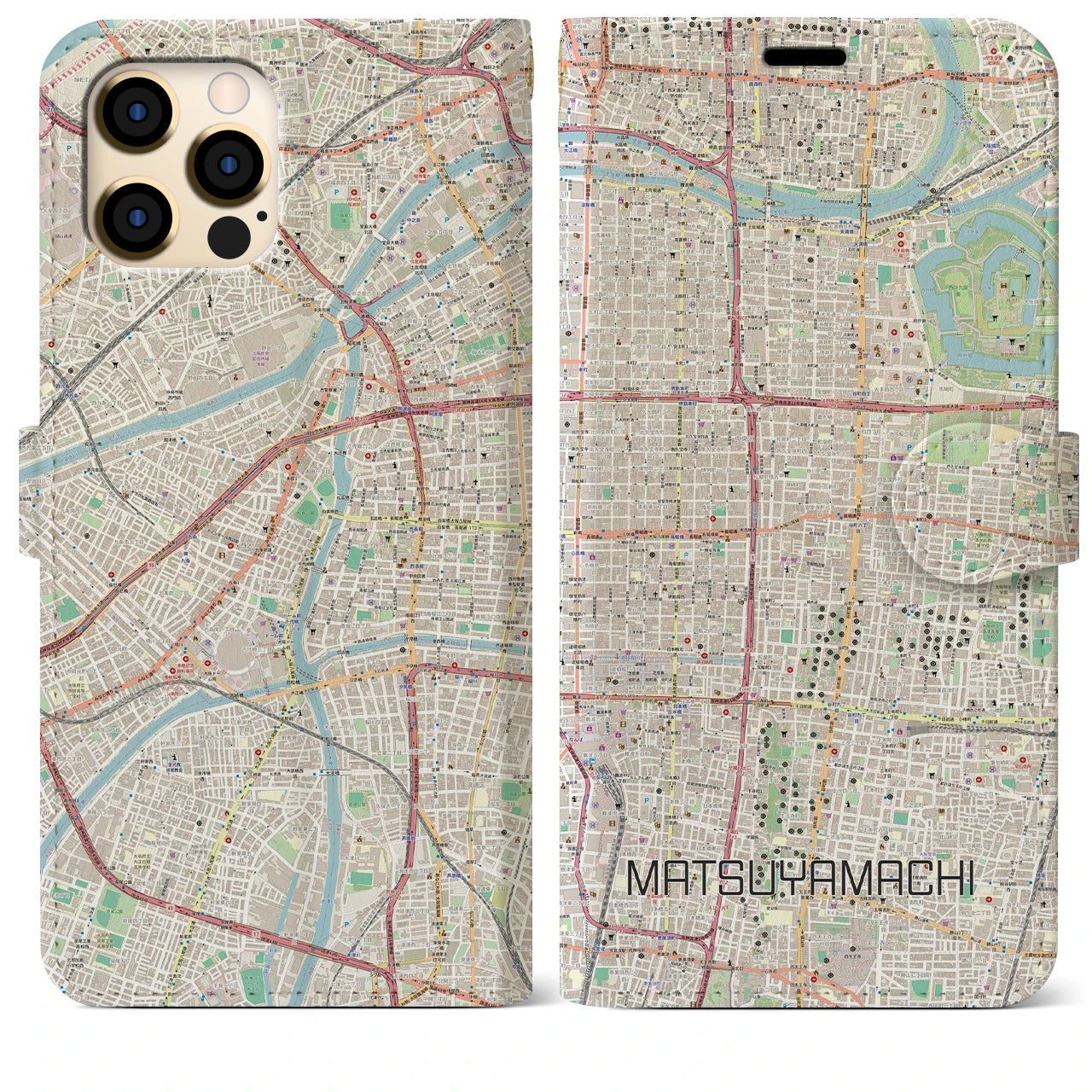 【松屋町】地図柄iPhoneケース（手帳両面タイプ・ナチュラル）iPhone 12 Pro Max 用