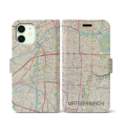 【松屋町（大阪府）】地図柄iPhoneケース（手帳タイプ）ナチュラル・iPhone 12 mini 用