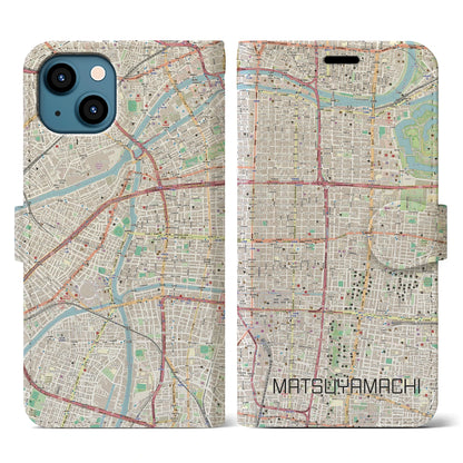 【松屋町（大阪府）】地図柄iPhoneケース（手帳タイプ）ナチュラル・iPhone 13 用