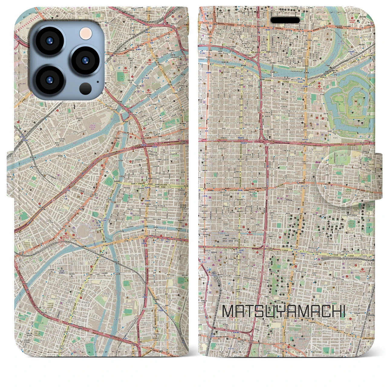 【松屋町】地図柄iPhoneケース（手帳両面タイプ・ナチュラル）iPhone 13 Pro Max 用
