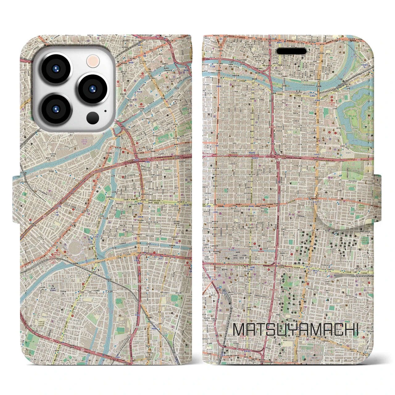 【松屋町】地図柄iPhoneケース（手帳両面タイプ・ナチュラル）iPhone 13 Pro 用
