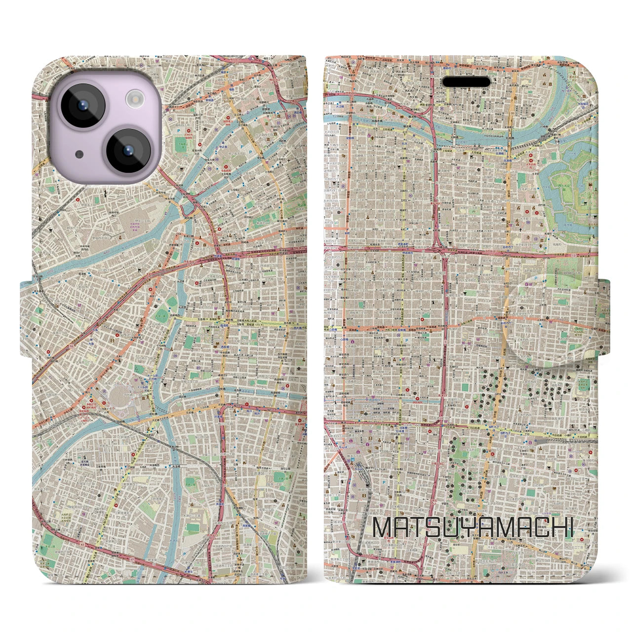 【松屋町】地図柄iPhoneケース（手帳両面タイプ・ナチュラル）iPhone 14 用