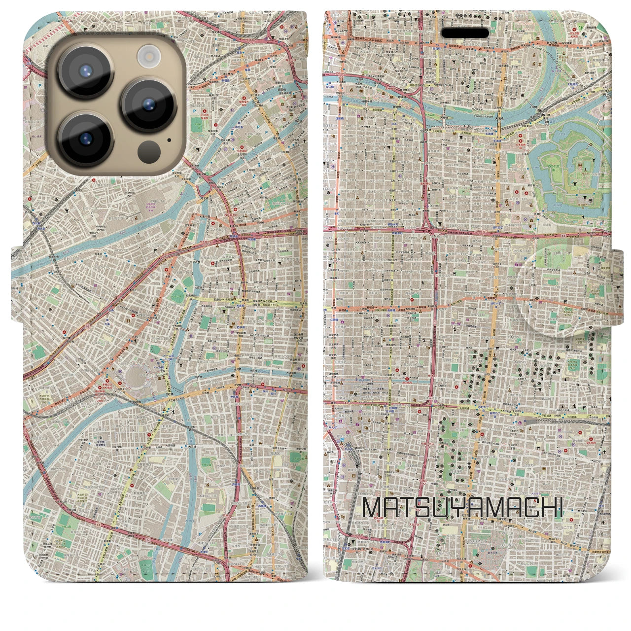【松屋町】地図柄iPhoneケース（手帳両面タイプ・ナチュラル）iPhone 14 Pro Max 用