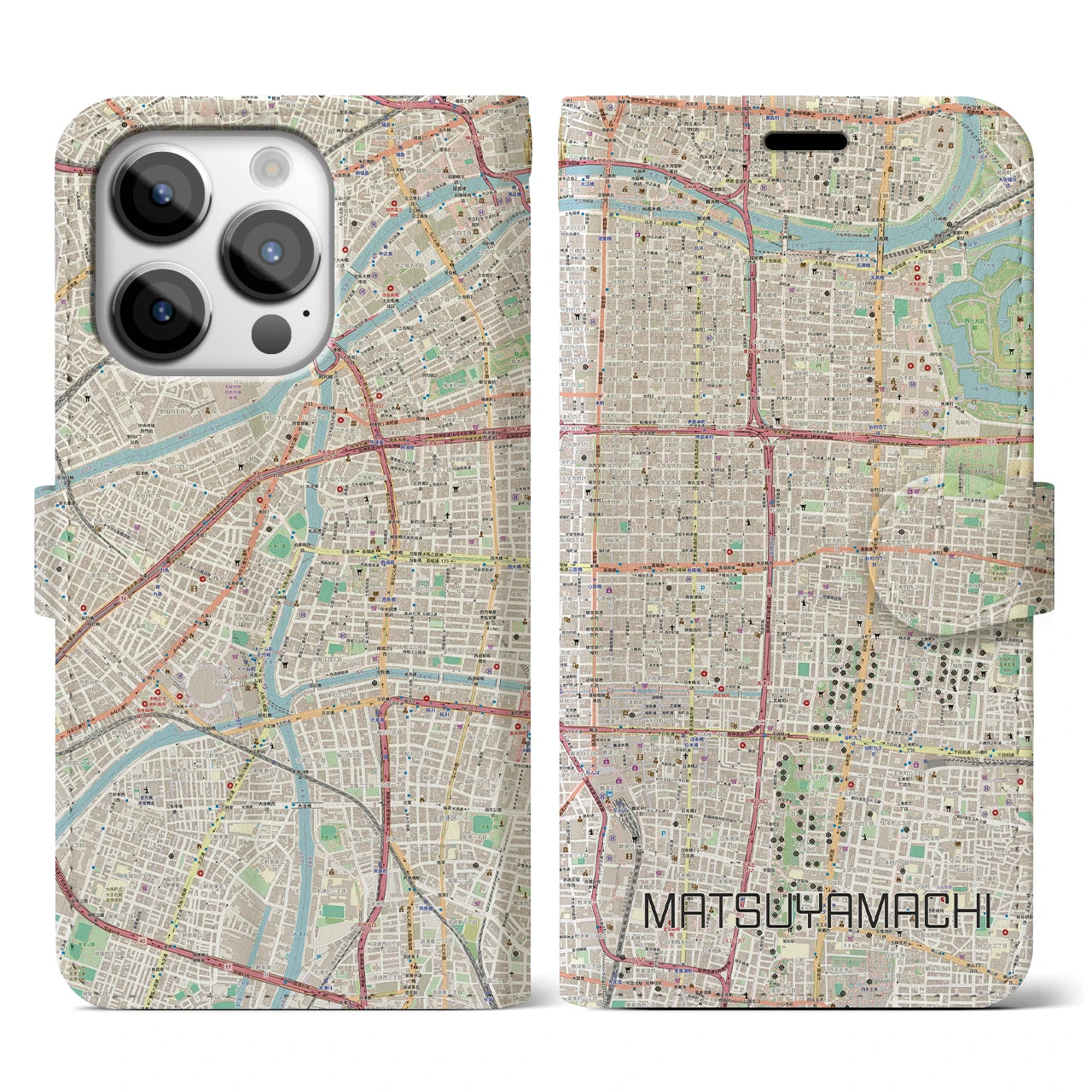 【松屋町】地図柄iPhoneケース（手帳両面タイプ・ナチュラル）iPhone 14 Pro 用