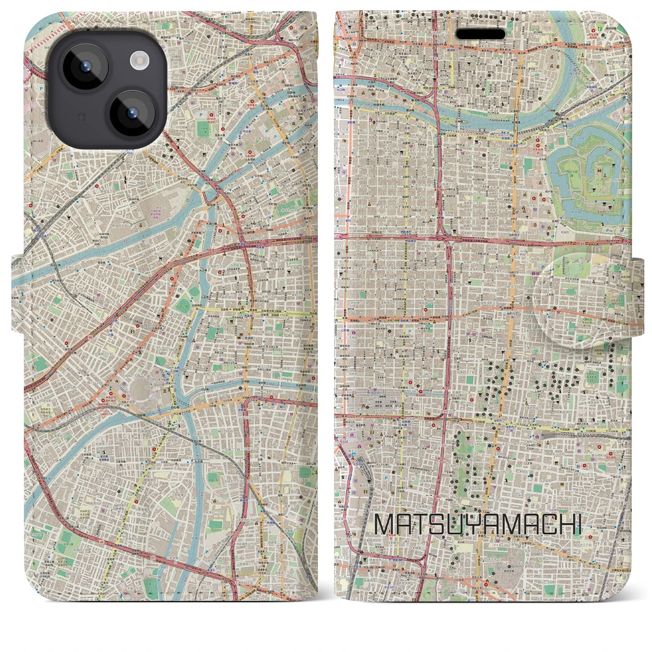 【松屋町】地図柄iPhoneケース（手帳両面タイプ・ナチュラル）iPhone 14 Plus 用
