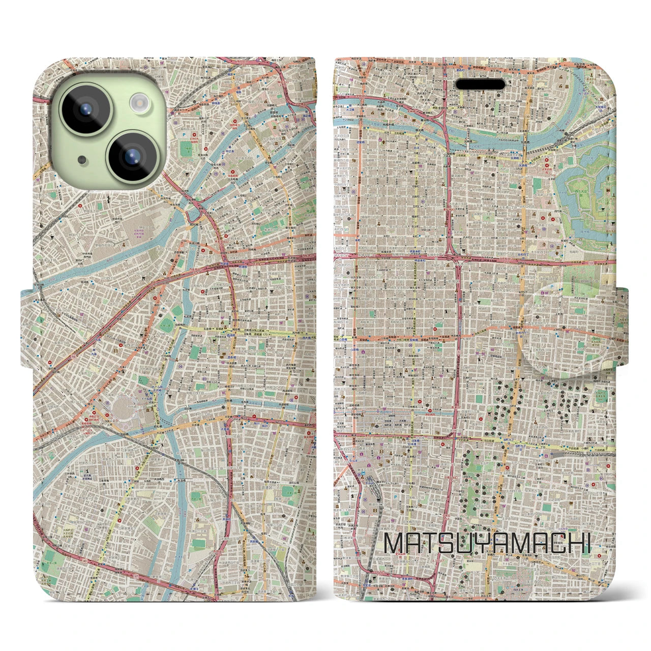 【松屋町】地図柄iPhoneケース（手帳両面タイプ・ナチュラル）iPhone 15 用