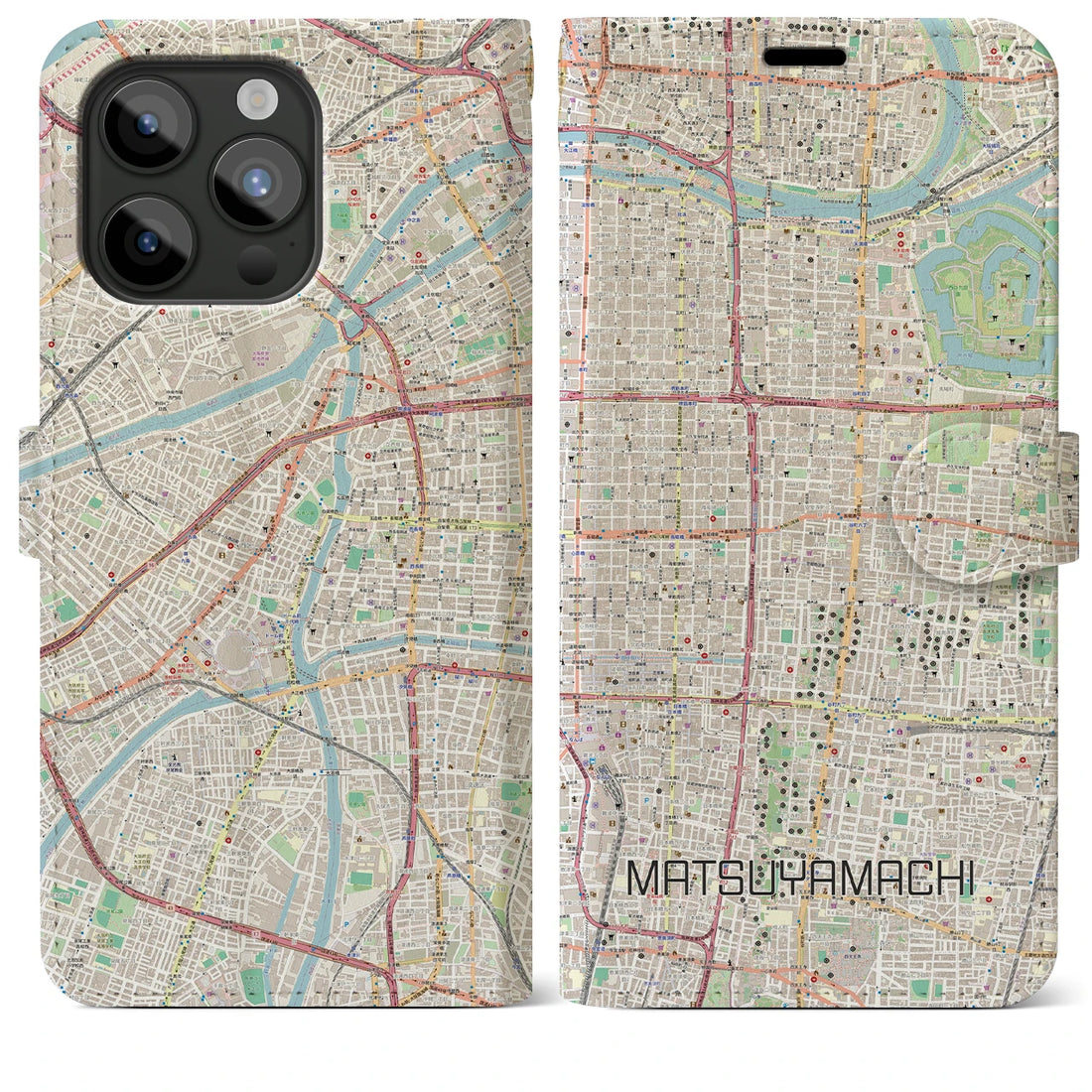 【松屋町】地図柄iPhoneケース（手帳両面タイプ・ナチュラル）iPhone 15 Pro Max 用