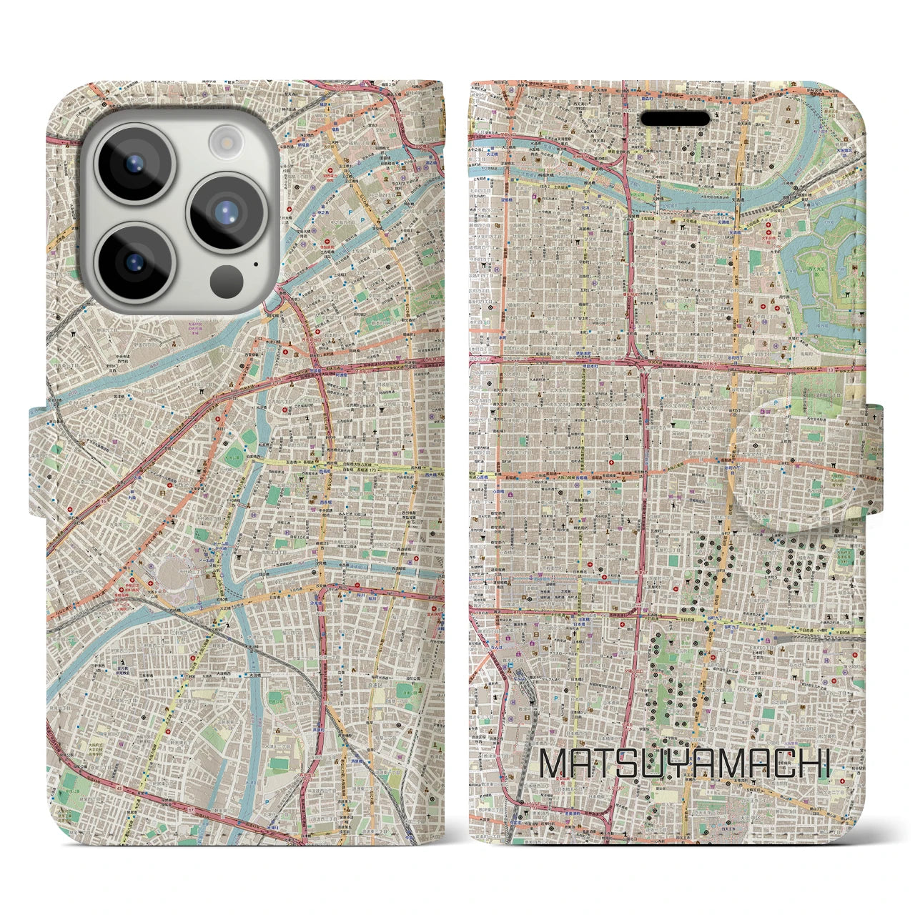 【松屋町】地図柄iPhoneケース（手帳両面タイプ・ナチュラル）iPhone 15 Pro 用