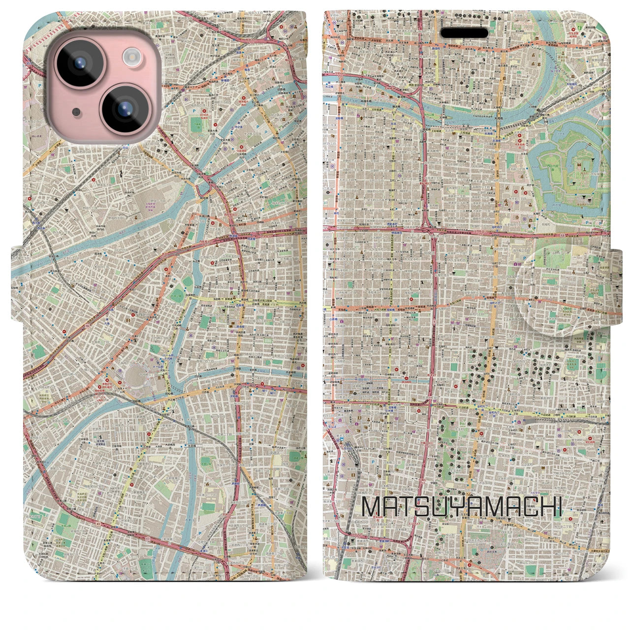 【松屋町】地図柄iPhoneケース（手帳両面タイプ・ナチュラル）iPhone 15 Plus 用