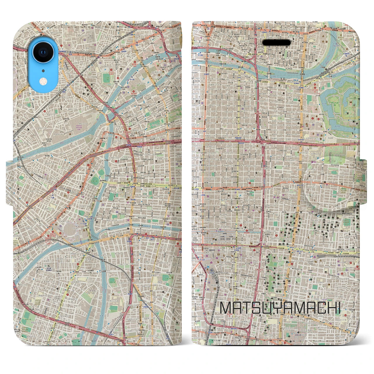 【松屋町】地図柄iPhoneケース（手帳両面タイプ・ナチュラル）iPhone XR 用