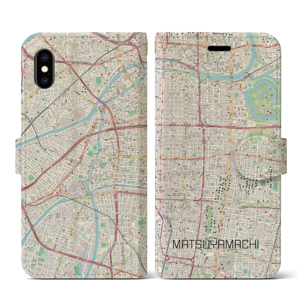 【松屋町】地図柄iPhoneケース（手帳両面タイプ・ナチュラル）iPhone XS / X 用