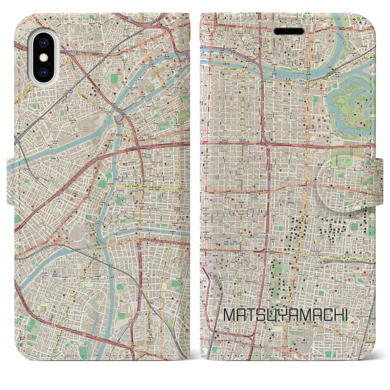 【松屋町】地図柄iPhoneケース（手帳両面タイプ・ナチュラル）iPhone XS Max 用
