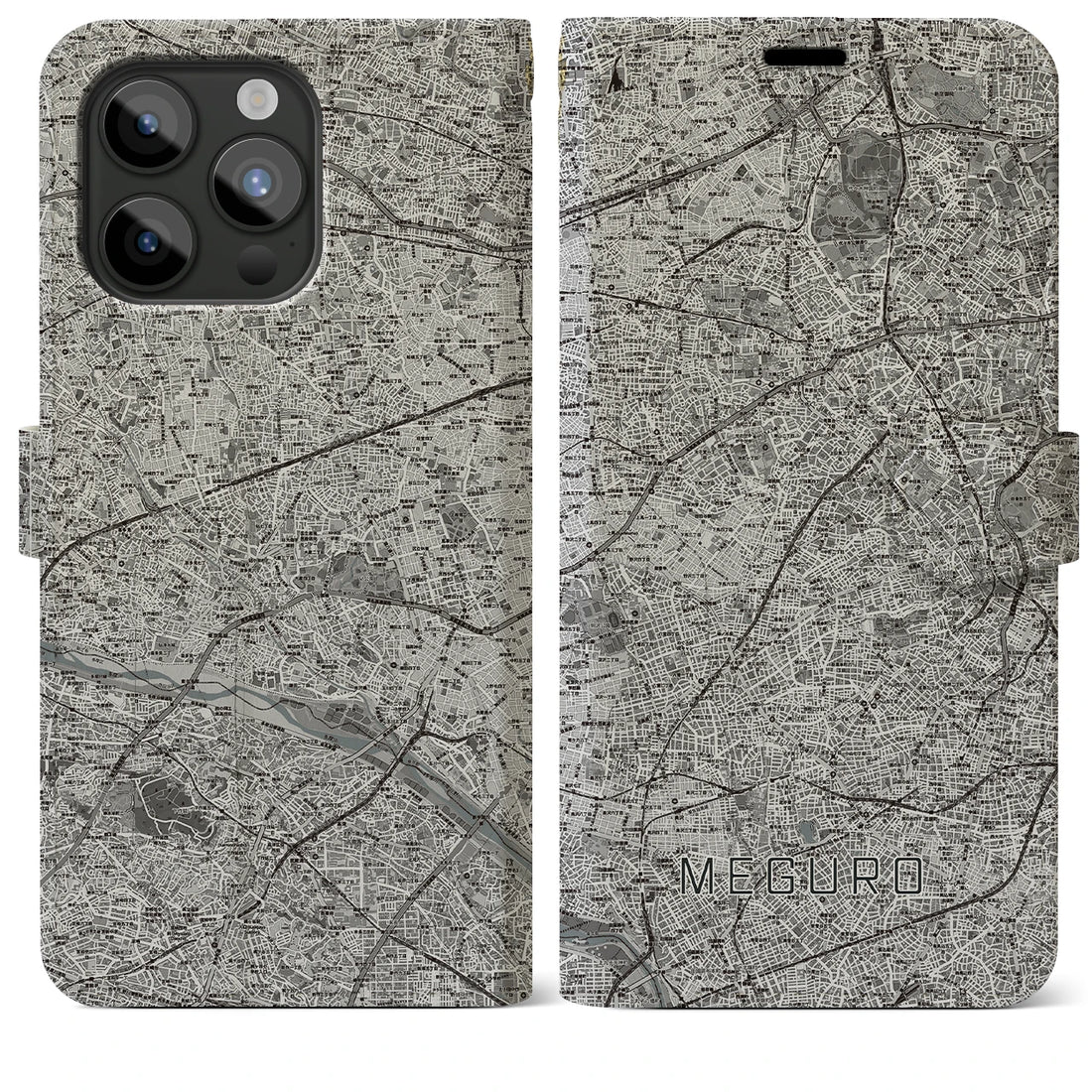 【目黒2】地図柄iPhoneケース（手帳両面タイプ・モノトーン）iPhone 15 Pro Max 用