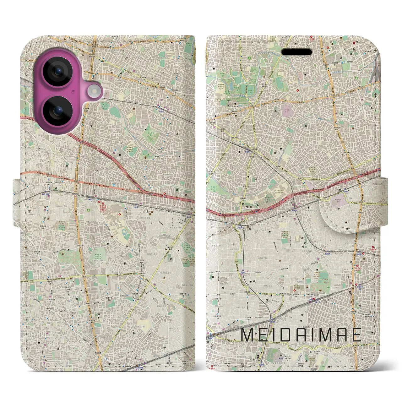 【明大前（東京都）】地図柄iPhoneケース（手帳タイプ）ナチュラル・iPhone 16 Pro 用