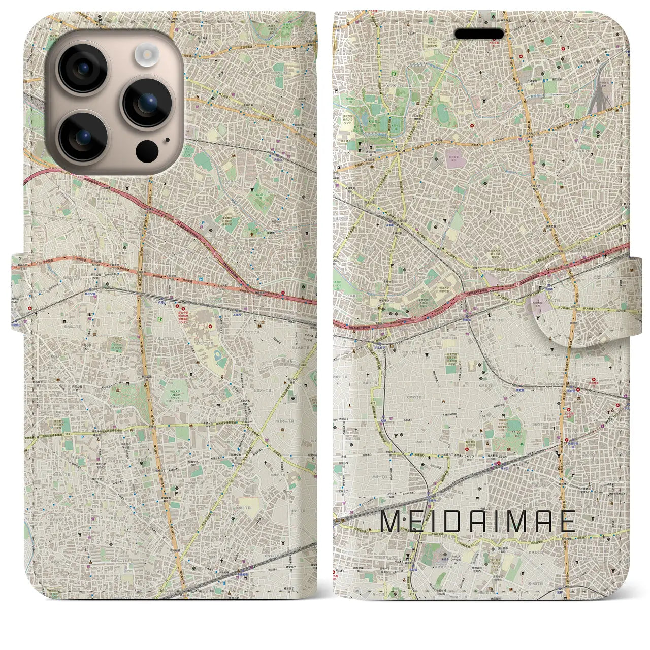 【明大前（東京都）】地図柄iPhoneケース（手帳タイプ）ナチュラル・iPhone 16 Plus 用