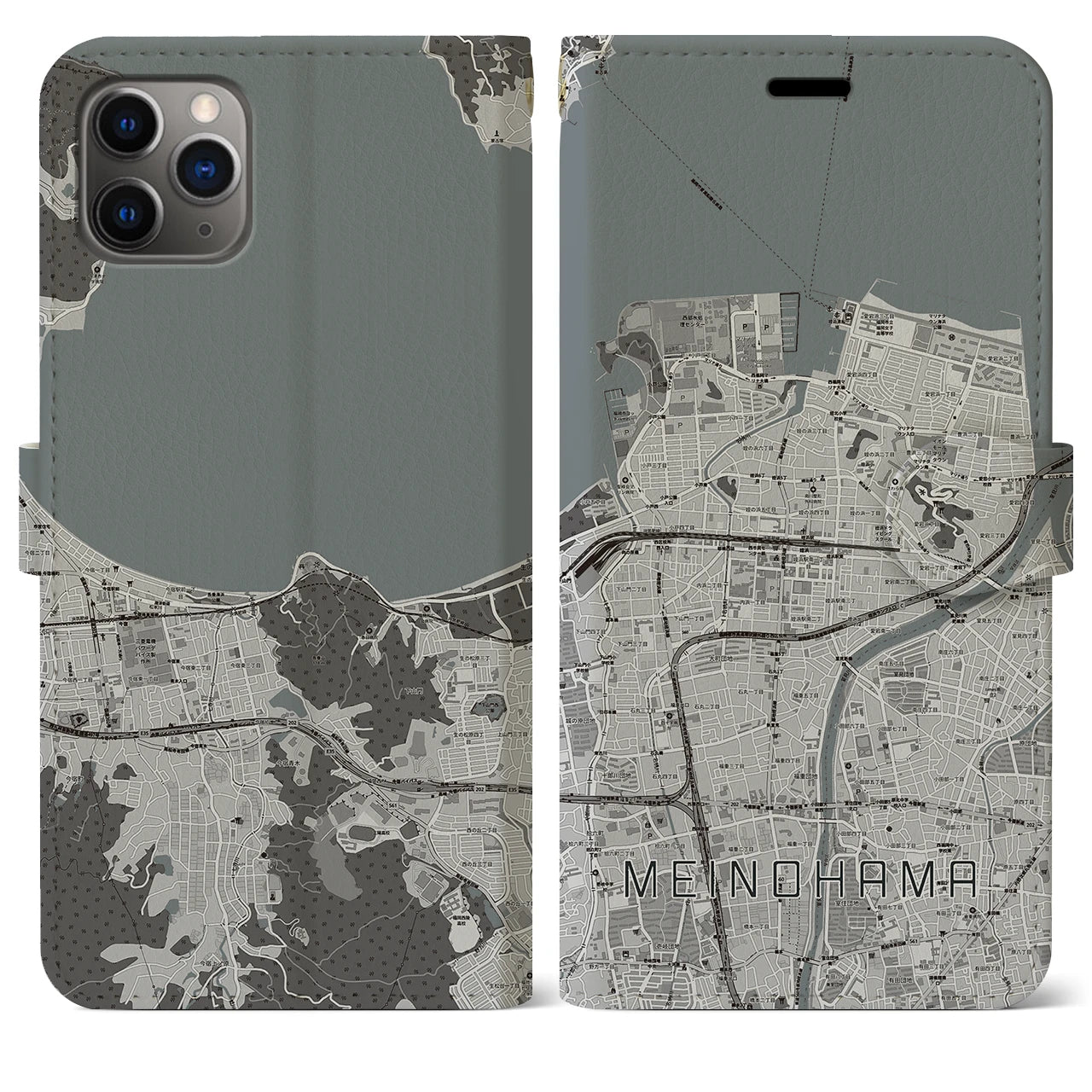 【姪浜】地図柄iPhoneケース（手帳両面タイプ・モノトーン）iPhone 11 Pro Max 用