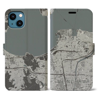 【姪浜（福岡県）】地図柄iPhoneケース（手帳タイプ）モノトーン・iPhone 13 用