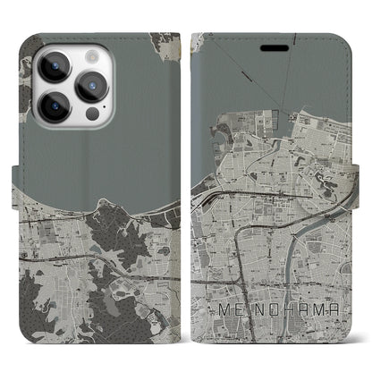 【姪浜（福岡県）】地図柄iPhoneケース（手帳タイプ）モノトーン・iPhone 14 Pro 用