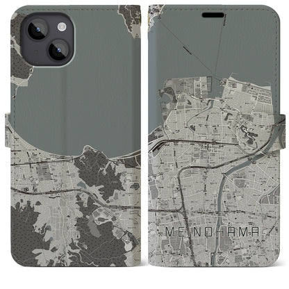 【姪浜（福岡県）】地図柄iPhoneケース（手帳タイプ）モノトーン・iPhone 14 Plus 用