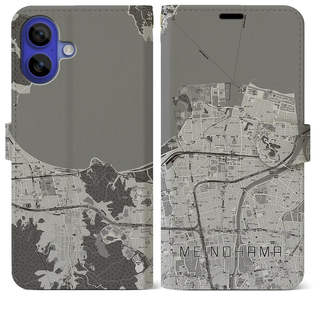 【姪浜(福岡県)】地図柄iPhoneケース(手帳タイプ)モノトーン・iPhone 16 Pro Max 用